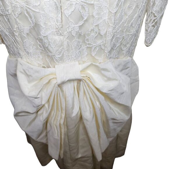 Vintage 80s Lace Wedding Dress Womens S White Bow Seed Pearls Mutton Sleeves Tru - Picture 12 of 13